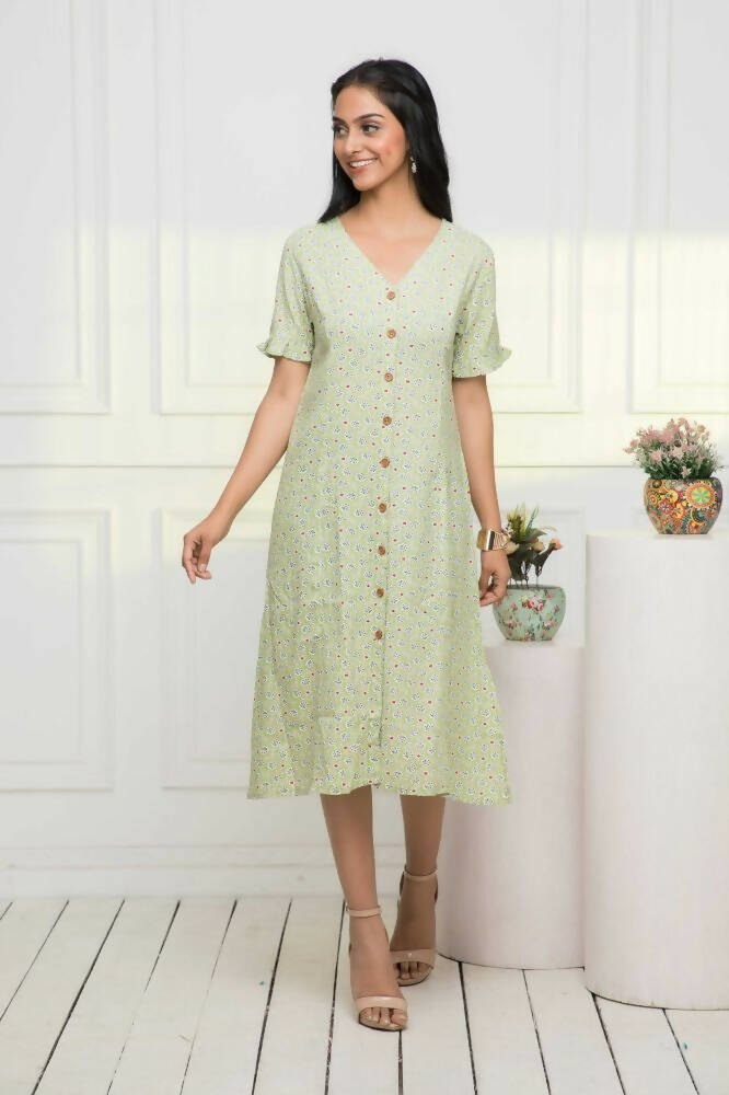Myshka Women Ethnic Motifs Rayon A-Line V-Neck Green Dress