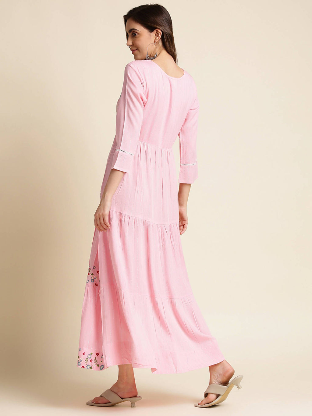 Pink Chinon Floral Embroidered Dress - Nandani