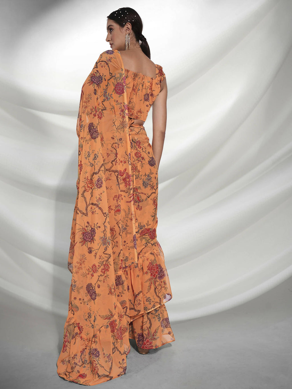 Orange Georgette Floral Printed Saree With Unstitched Blouse Piece - Rajal