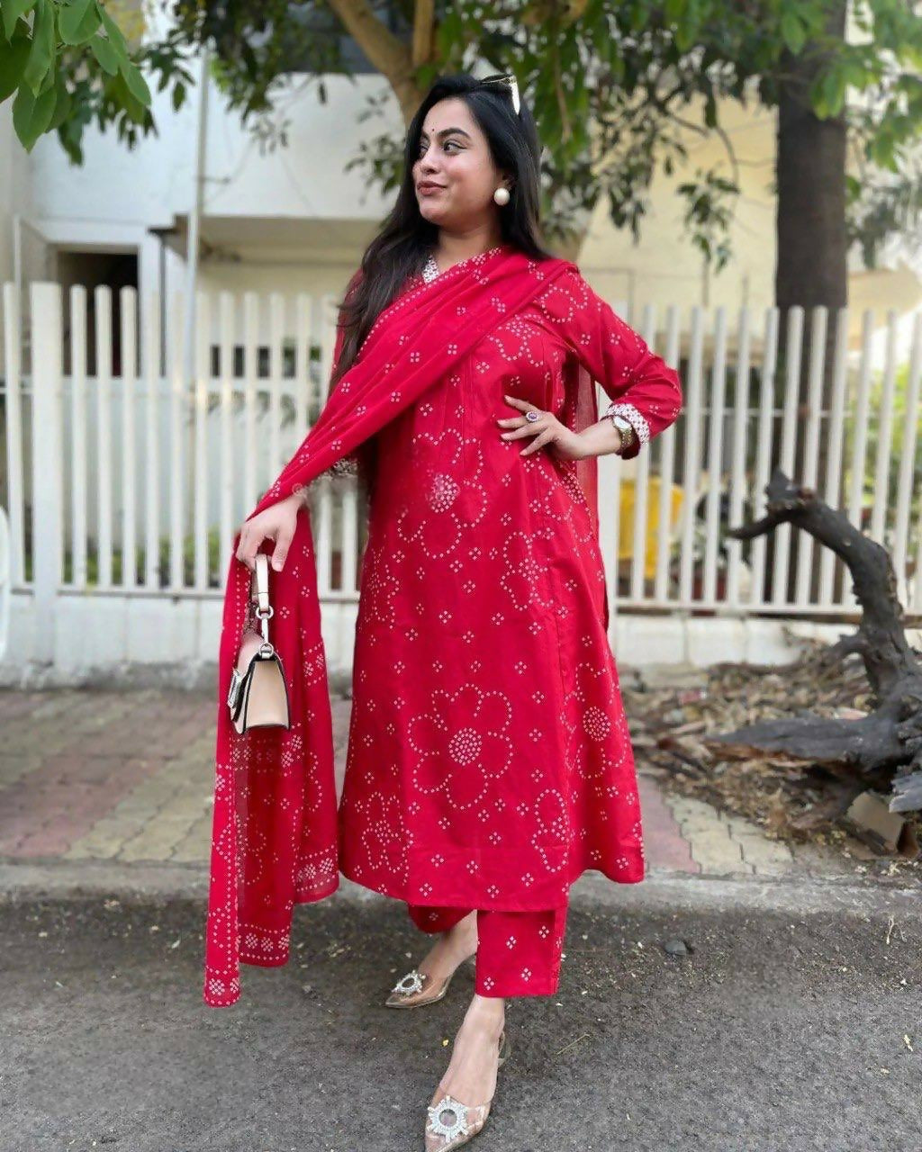 The52 Red Women's Beautiful Rayon Fabric Printed Work Straight Kurta Pant and Dupatta Set