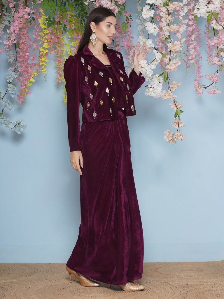 Joban Fashion Wine Hand Embellished Jacket with inner and skirt
