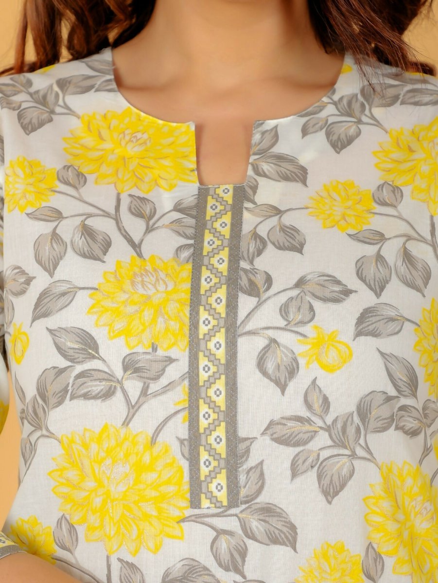 Aramya Yellow Soft Cotton Floral Print Straight Kurta Pant Set for Women