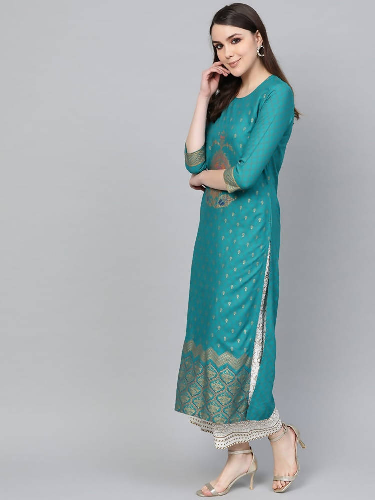 Vamika Sky Blue Printed Rayon Party And Casual Wear Kurta Set