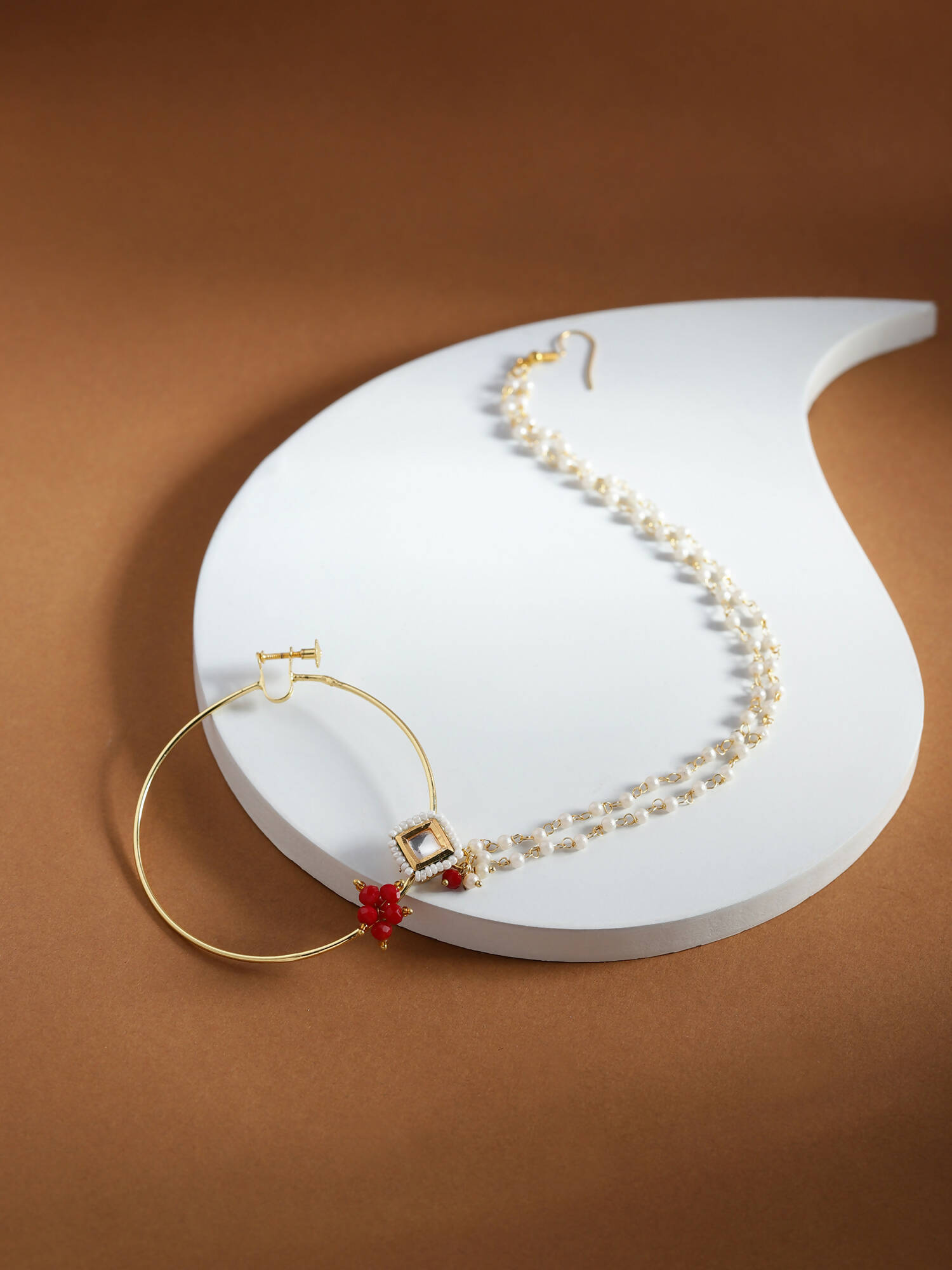 Gold-Polished White Red Kundan-Studded Pearl Beaded Nosepin - Ruby Raang