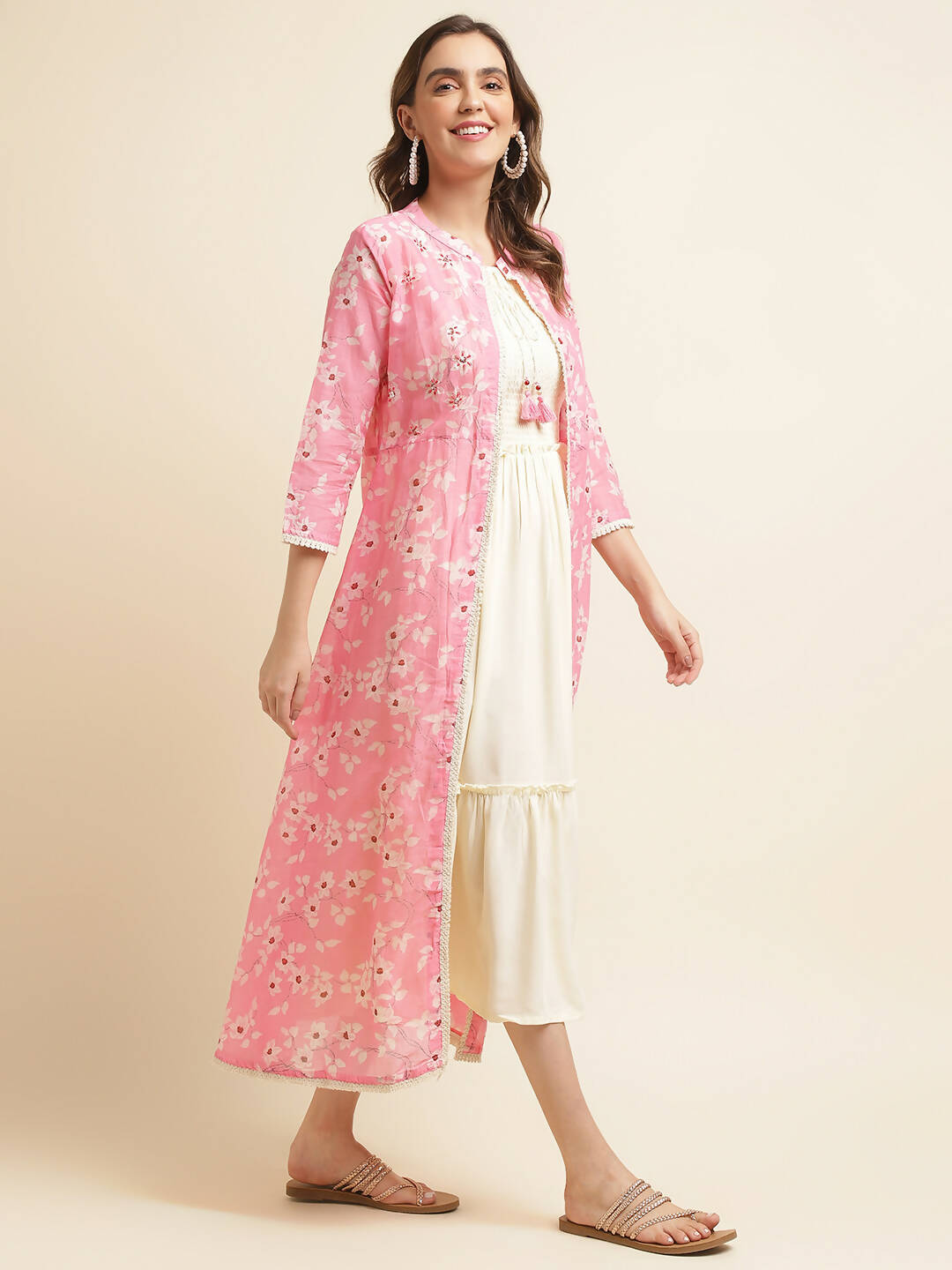 White Cotton Solid Flared Dress with Printed Shrug - Yukti