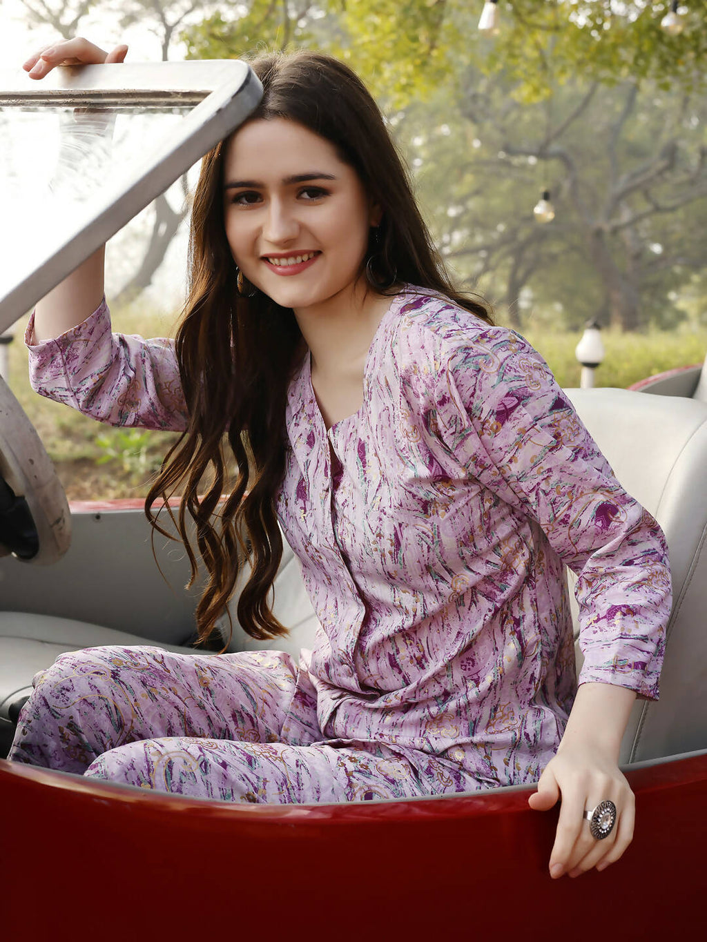 Light Purple Rayon abstract Printed Top with Matching Bottom - Eesha