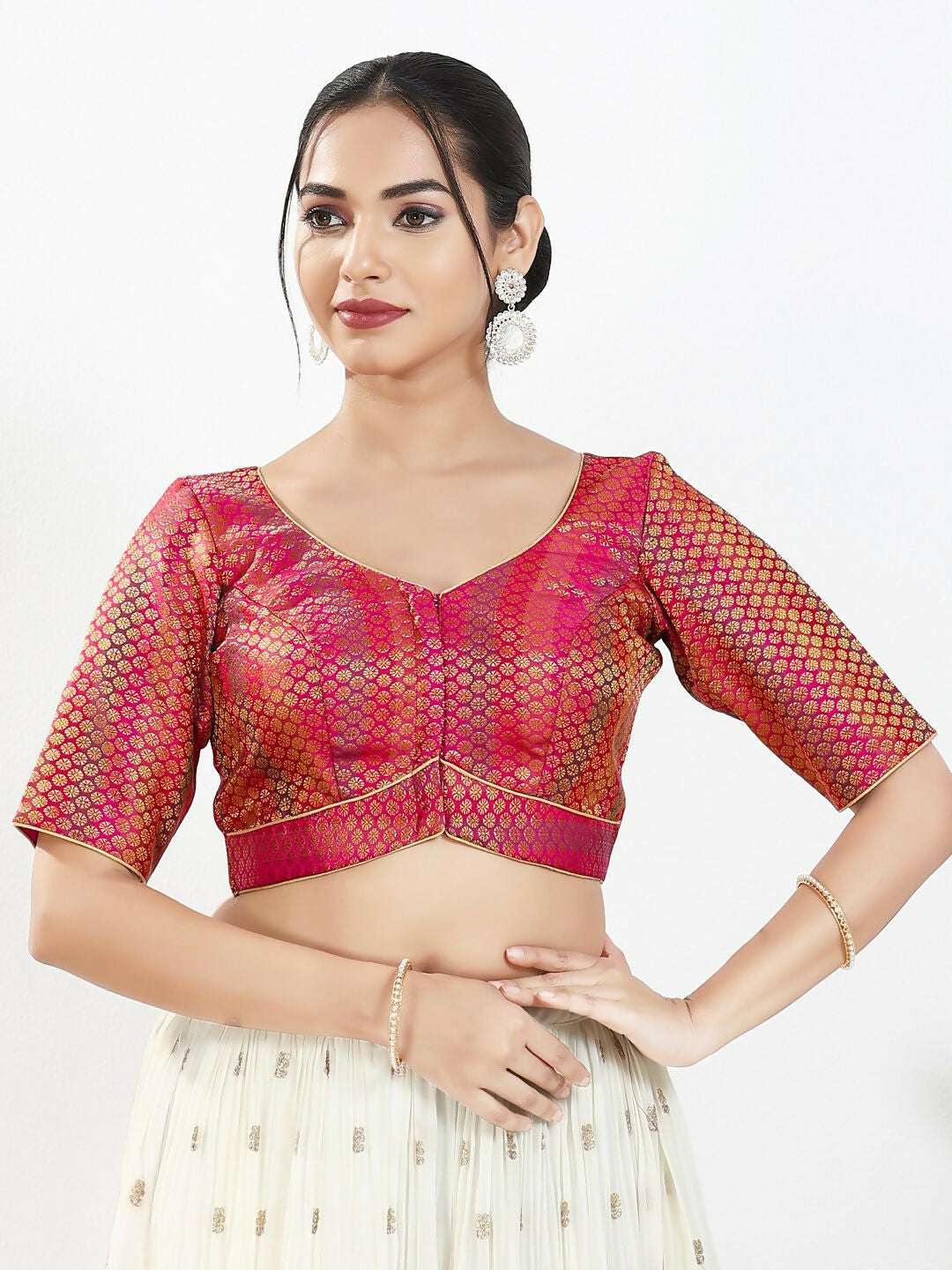 Joban Fashion Pink Brocade Padded Blouse With Sweetheart Neck Elbow Sleeves
