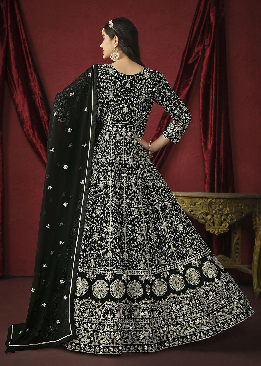 Stunning Black Front & Back Embroidered Trendy Anarkali Suit - Emponline