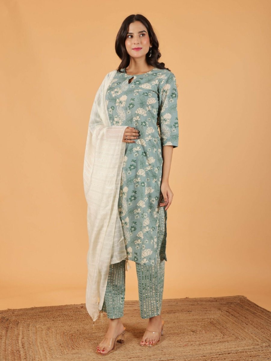 Aramya Straight Soft Cotton Floral Print Women's Kurta Set - Green