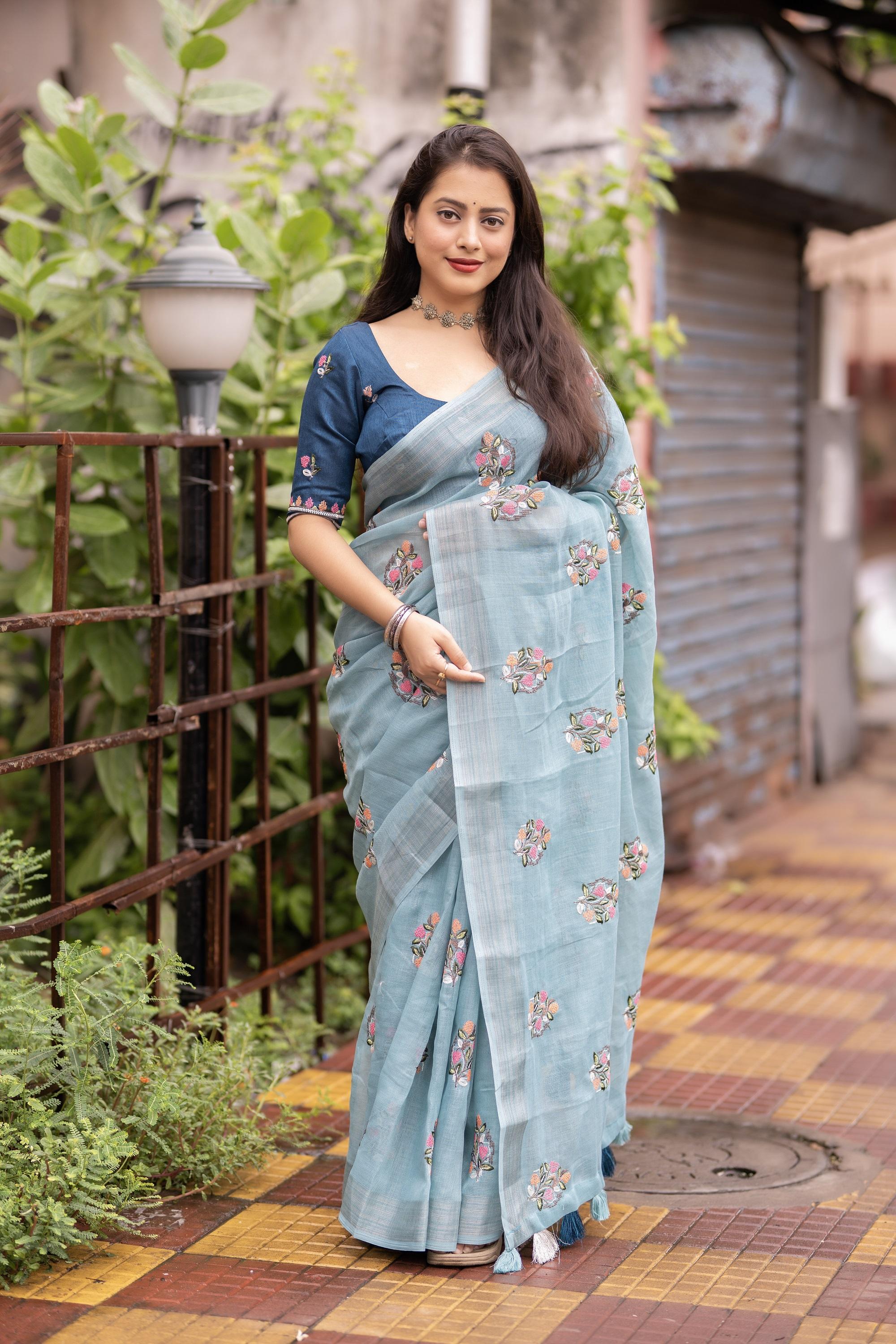 Sky Pure Linen Ethnic Motifs Saree with Unstitched Blouse - Hiral Fashion