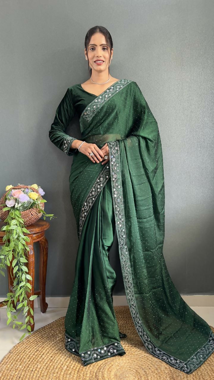 Vastranavya Green Rangoli Silk Real Mirror work with Swarovski work Ready to Wear Saree