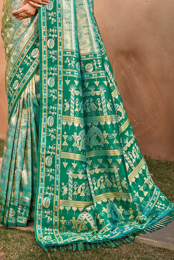 Sangam Prints Sea Green Kanjivaram Silk Woven Work Traditional Saree