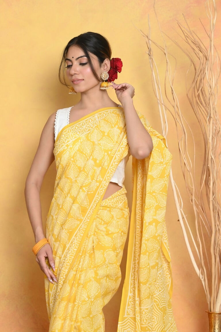 Very Much Indian Handblock Printed Cotton Saree With Natural Dyes - Yellow