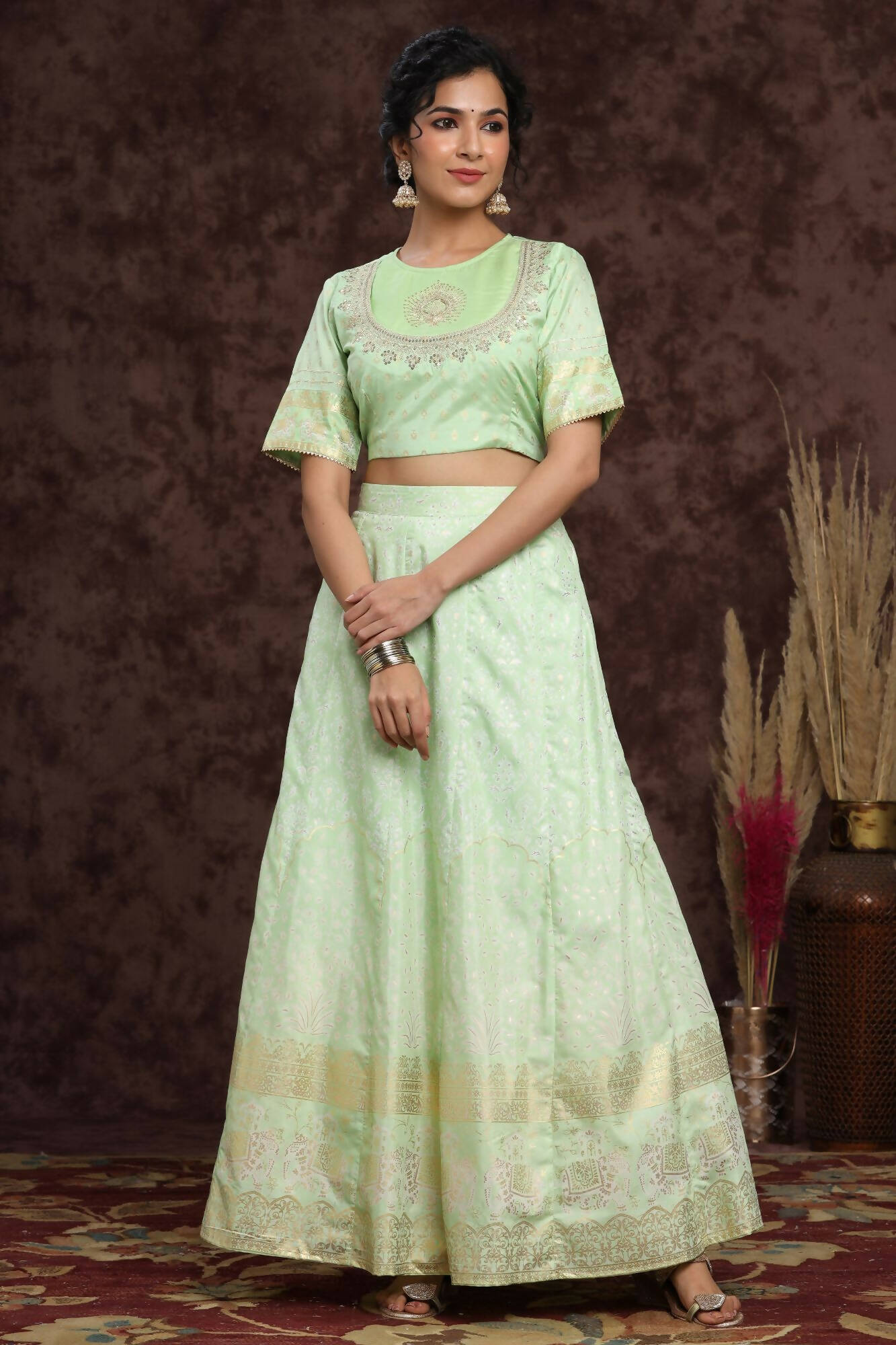 Juniper Women Mint Shantoon Embroidered Flared Lehenga Choli Sets
