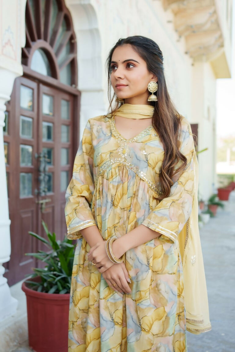 Vaasva Women Yellow Muslin Embroidered Kurta, Pant & Dupatta Set