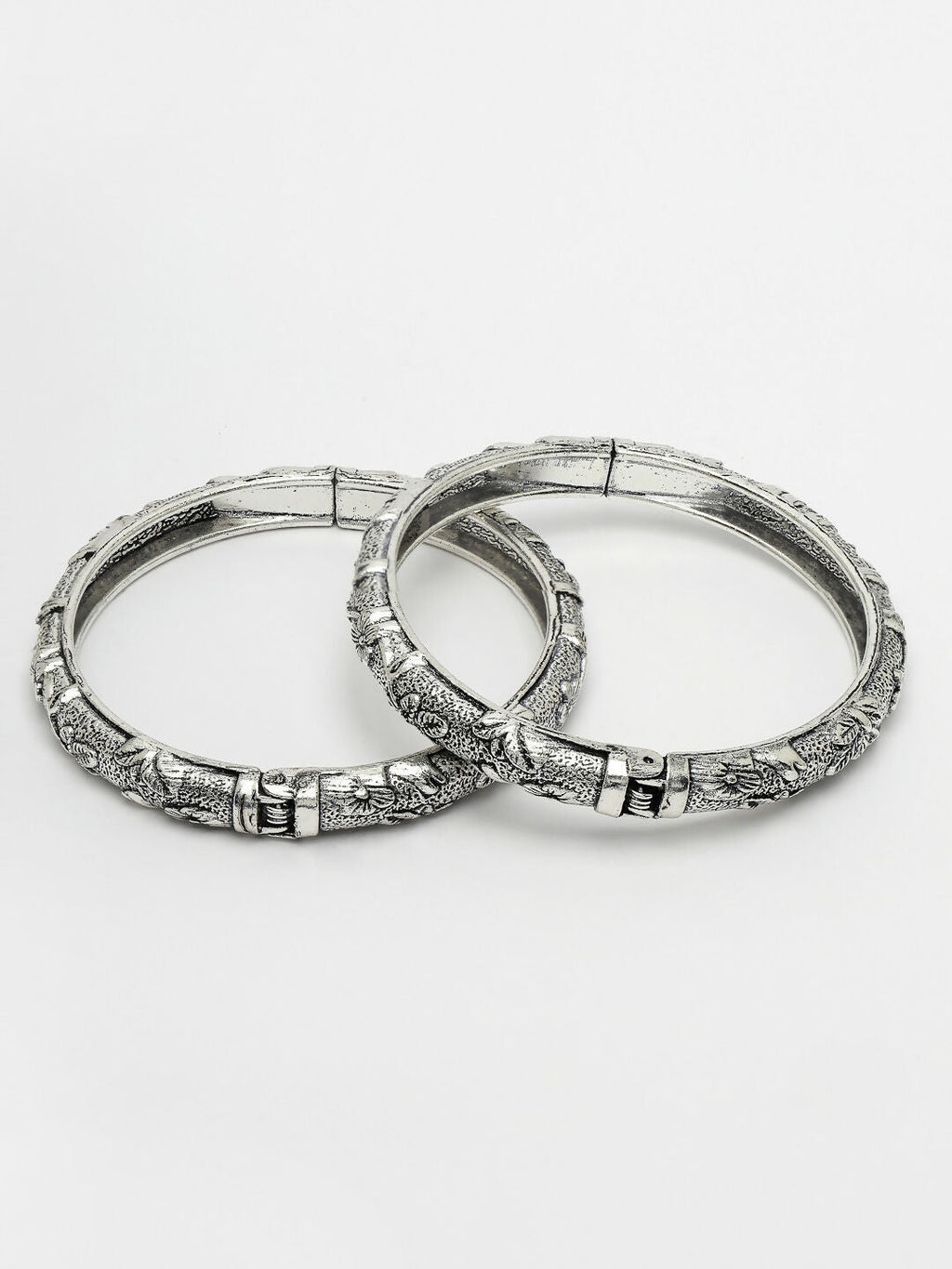 NVR Women's Silver-Toned German Silver Floral Oxidised Kada Bangle