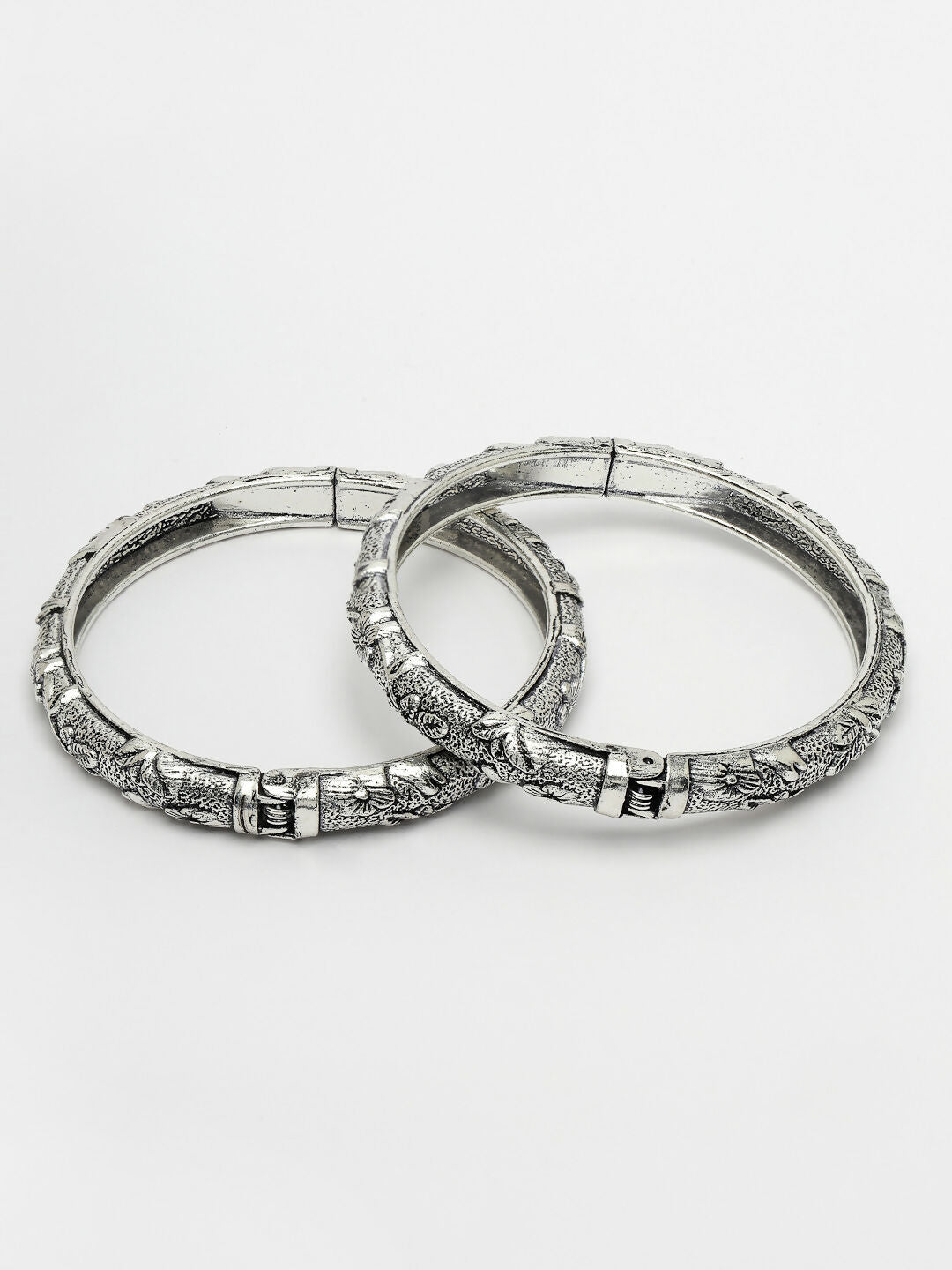 NVR Women's Silver-Toned German Silver Floral Oxidised Kada Bangle