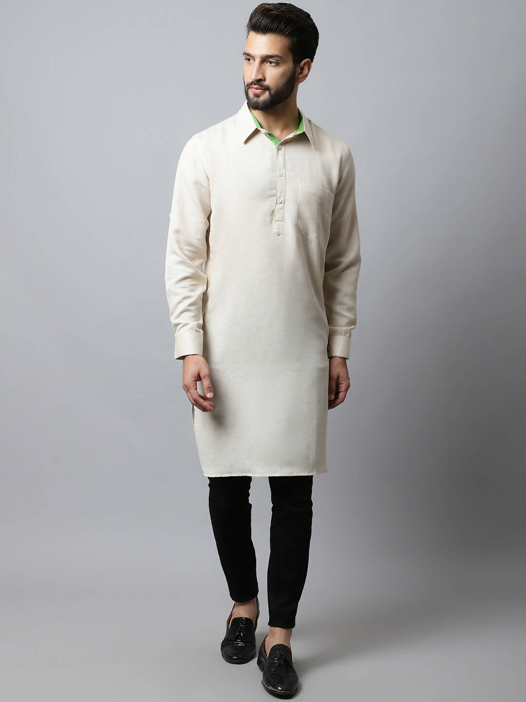 Even Apparels Cream Color Cotton Solid Men's Kurta With Shirt Collar (LN027)