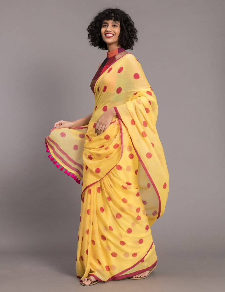 Suta Yellow Pink Polka Printed Pure Cotton Saree