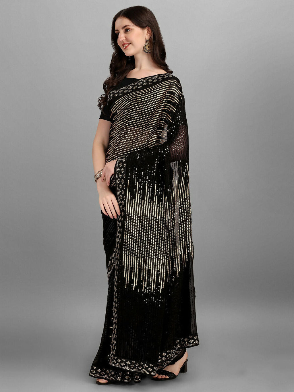 Vegaa Fashion Black Georgette Embroidered Party Wear Saree