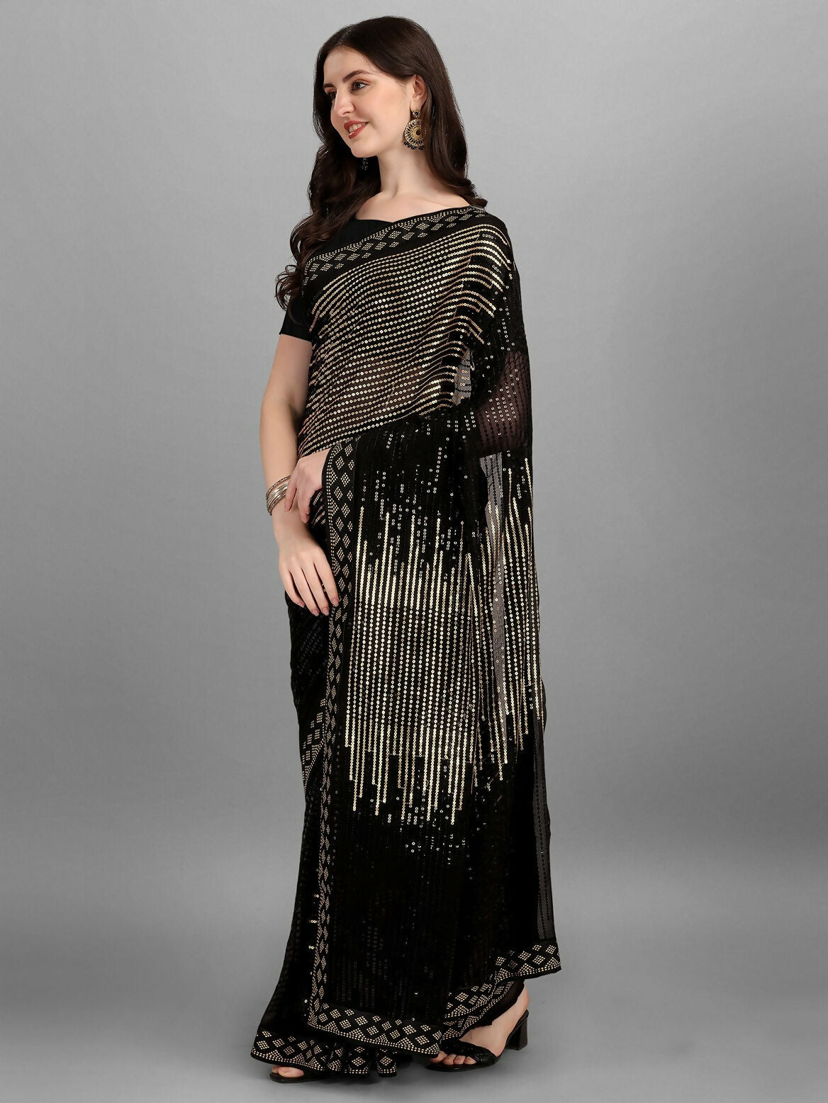 Vegaa Fashion Black Georgette Embroidered Party Wear Saree