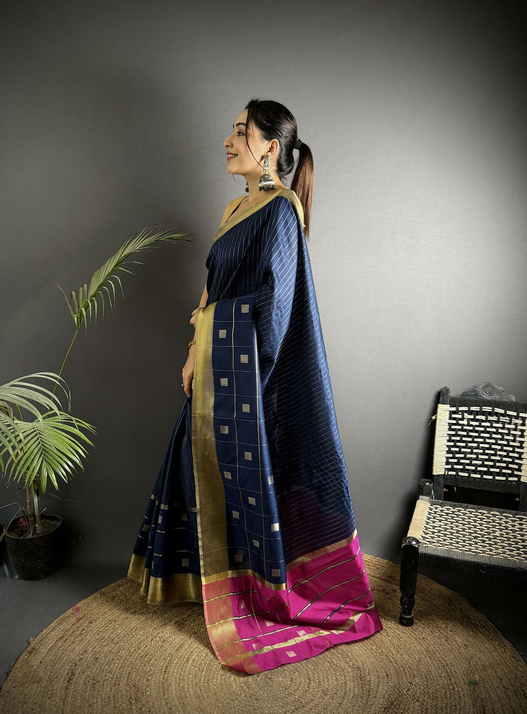 Joban Fashion Navy Blue Bhagalpuri Cotton Silk Stripes/Box Saree