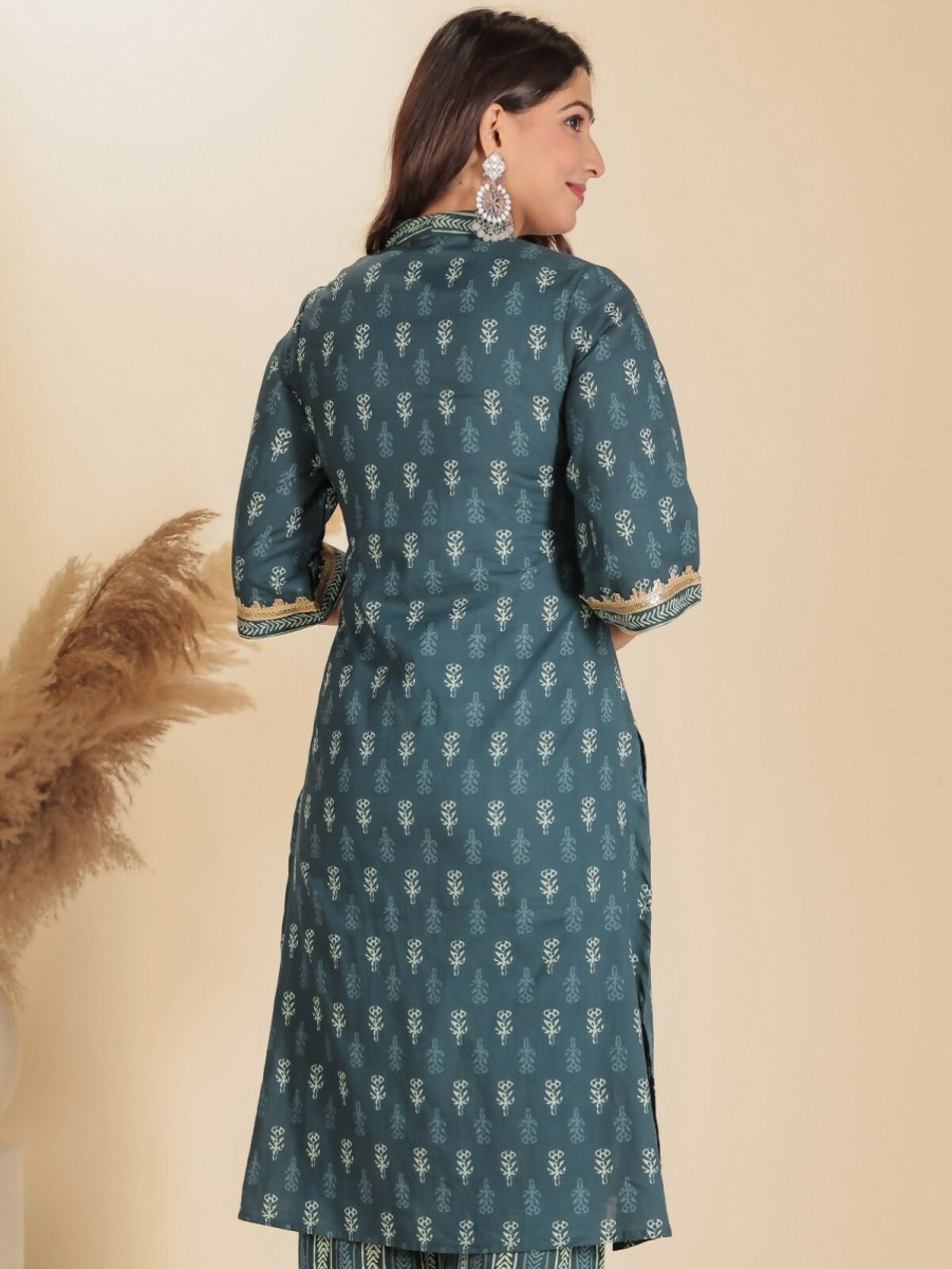 Aramya Blue Soft Cotton Block Straight Kurta for Women