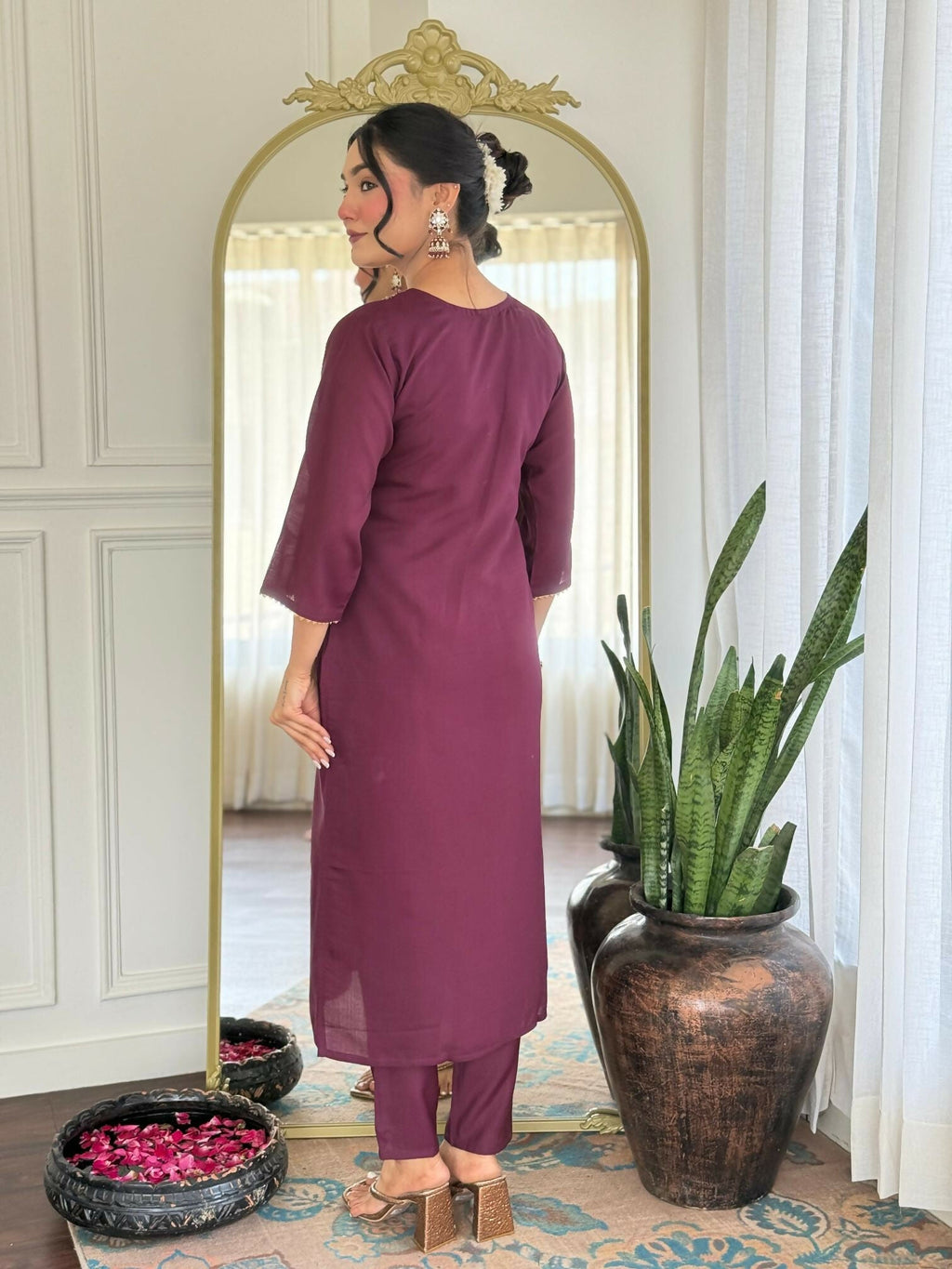 The52 Wine Women's Gorgeous Rayon Fabric Embroidered Work Straight Kurta Pant and Dupatta Set