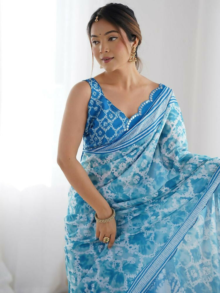PR Fashion Sky Georgette Digital Print With Mirror Work Saree