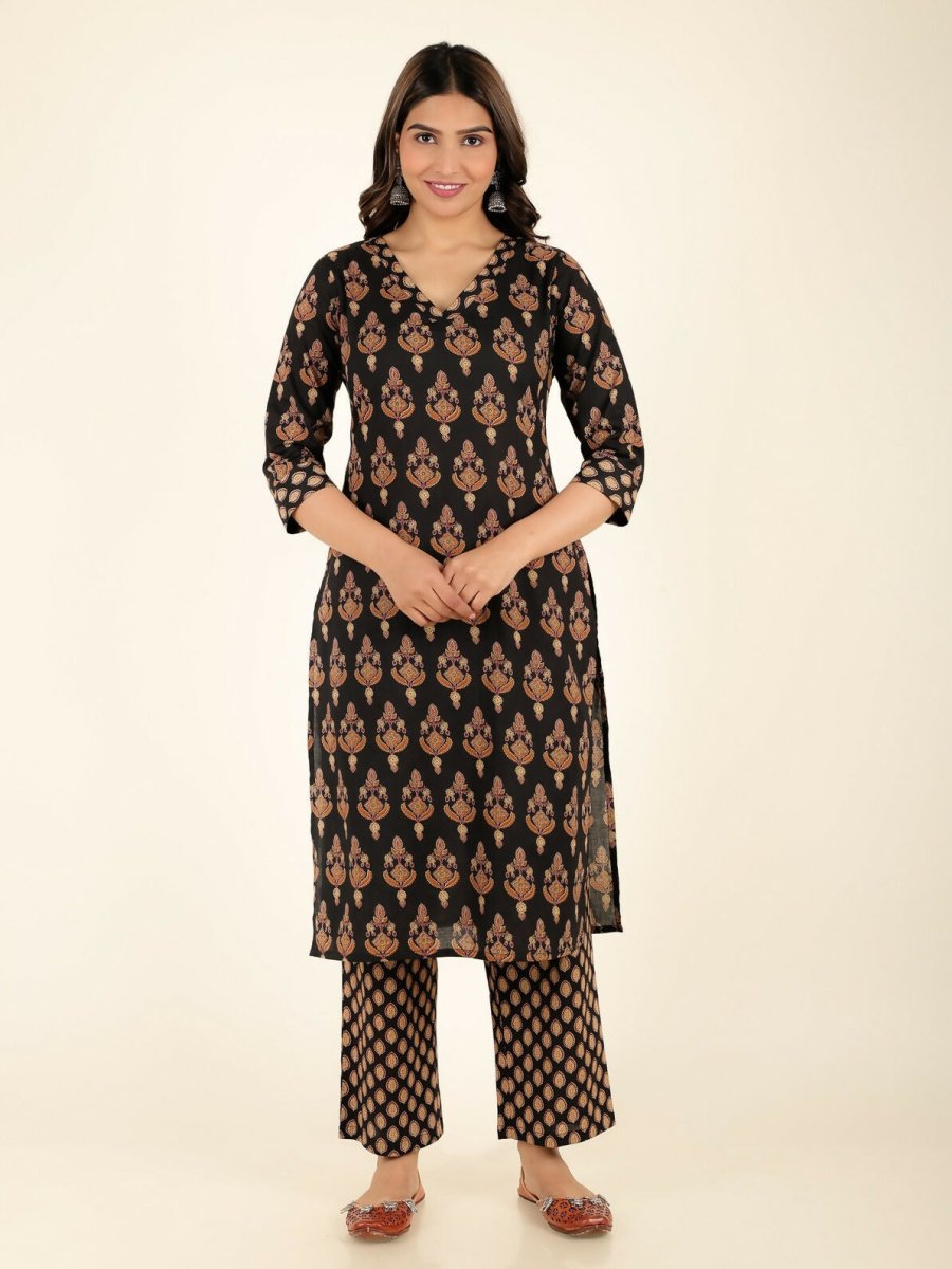 Aramya Black Soft Cotton Floral Print Straight Kurta Pant Set for Women