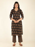 Aramya Black Soft Cotton Floral Print Straight Kurta Pant Set for Women