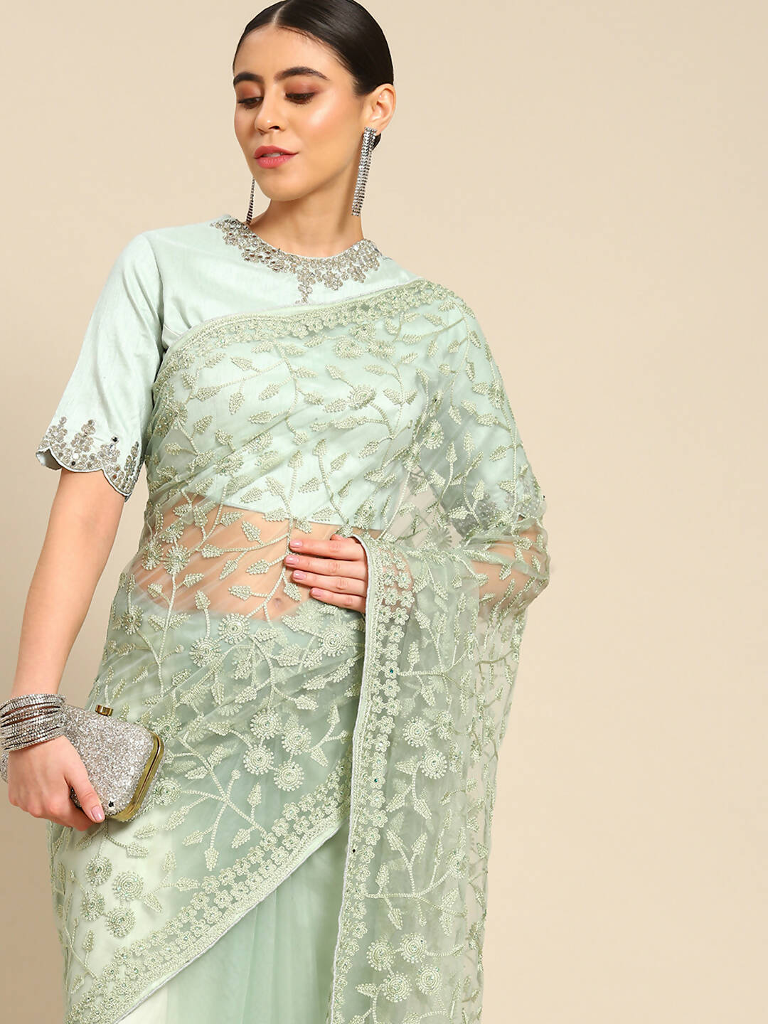Green Woven Design Net Saree with Blouse Piece - Kalamkari