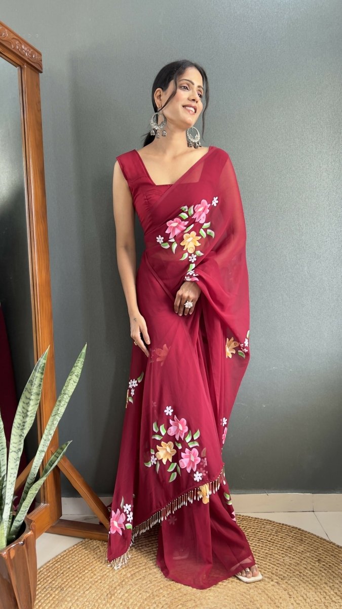 Aayaa Designer 1 min Hand Painted Ready to Wear saree - Maroon