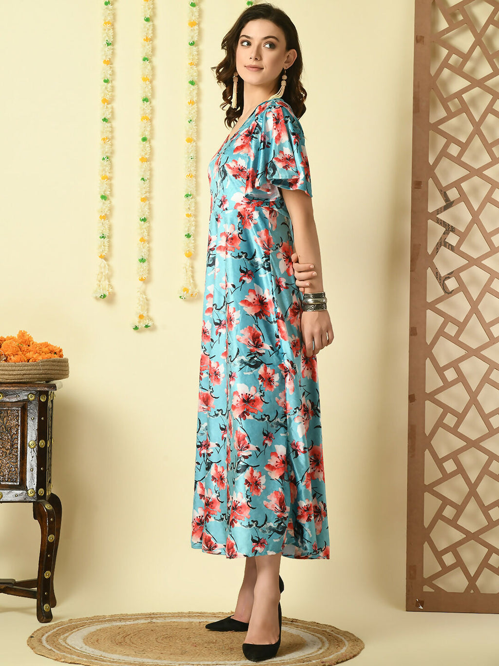 Myshka Women's Multi Printed Velvet Party Dress