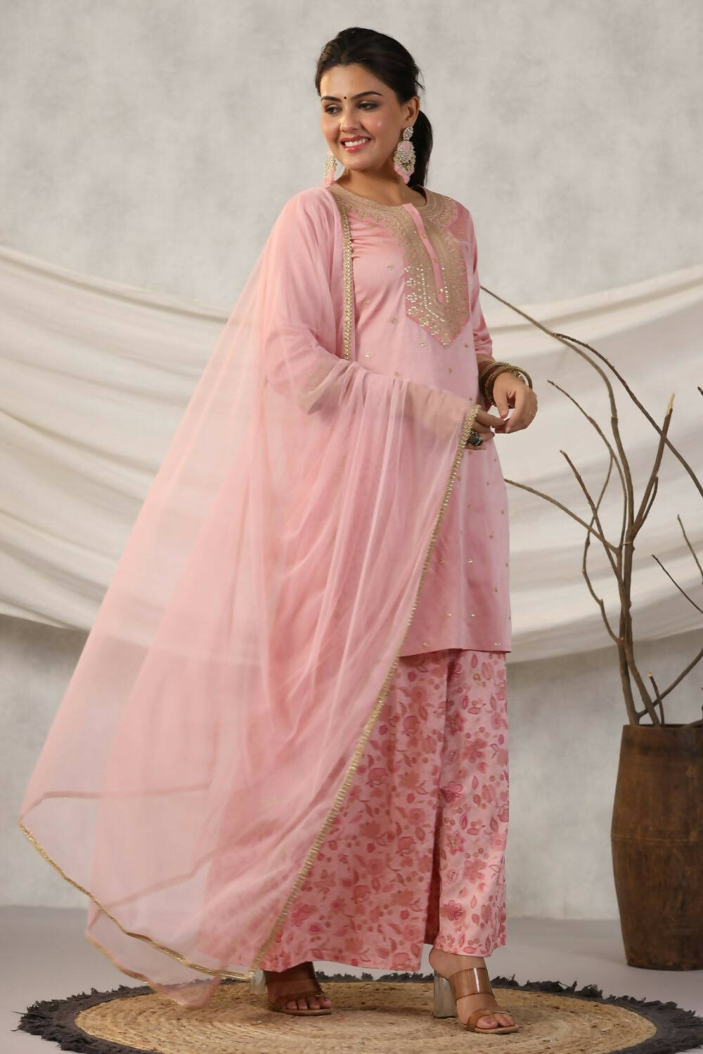 Juniper Women Peach Embroidered Kurta, Pants and Dupatta Set
