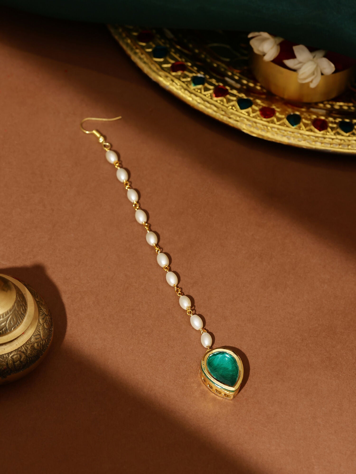 Ruby Raang Green Tear Drop Green Meenakari Maang Tikka
