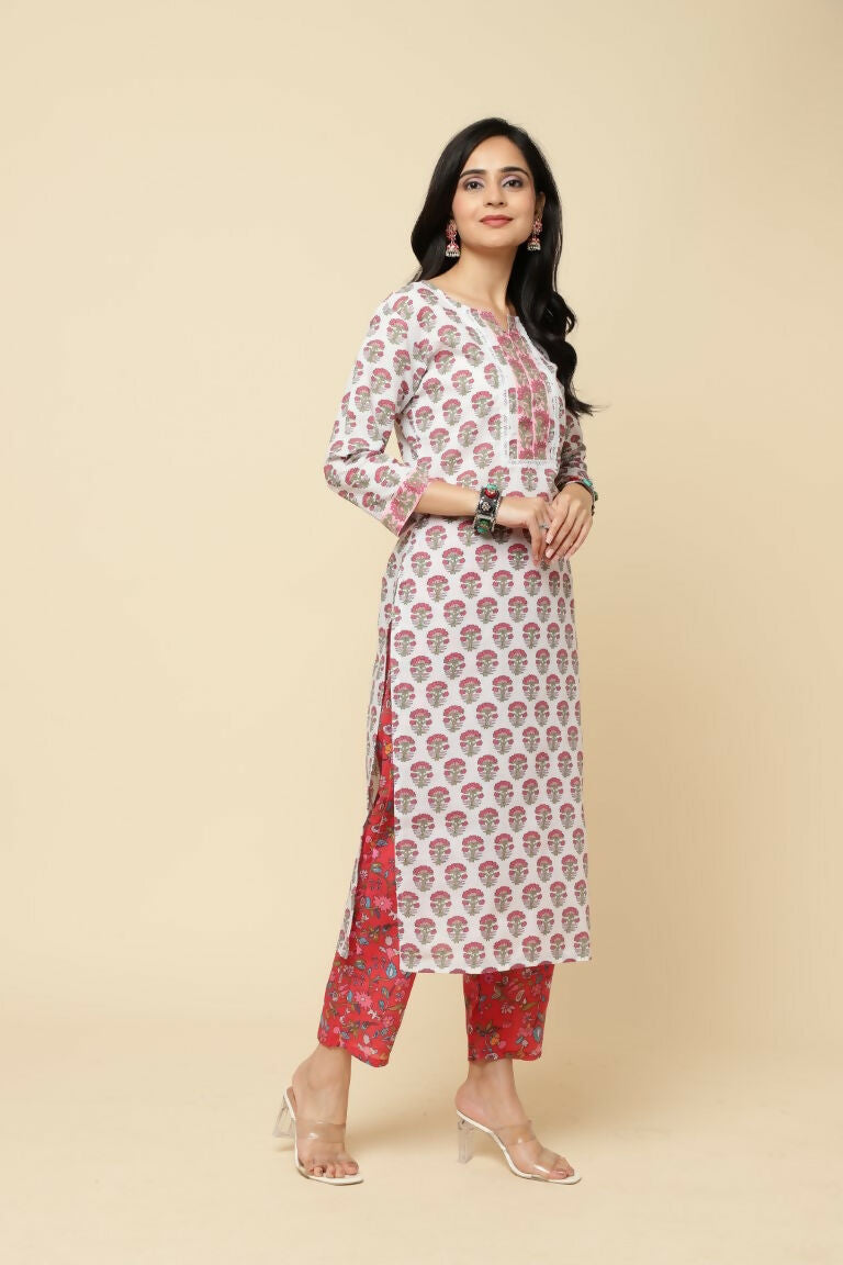 Designer Stylish Red Cotton Blend Stitched Suit With Dupatta - Tanisha