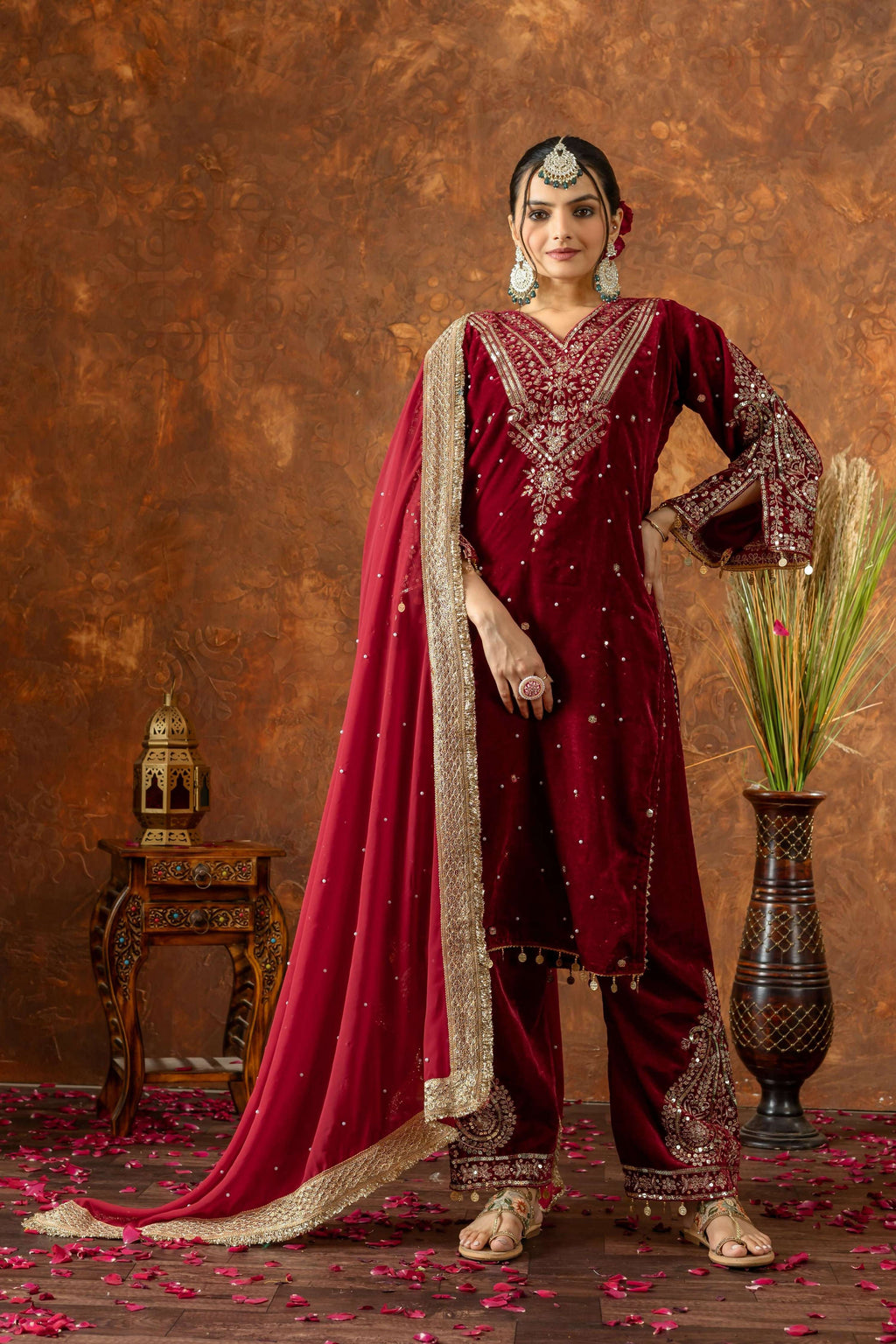 Joban Fashion Deep Maroon Velvet Embroidery Kurta Set