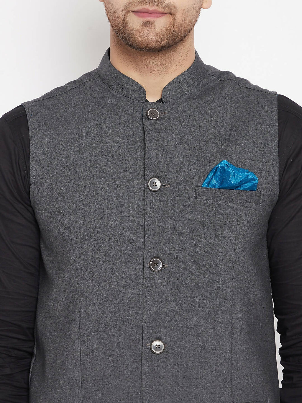 Even Apparels Grey Merino Men's Nehru Jacket-Contrast Lining-Free Pocket Square PW691