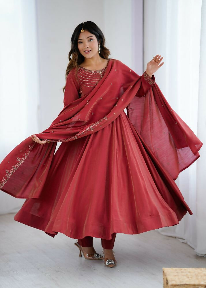 Joban Fashion Maroon Kurta Set Chanderi Sequence Embroidery Work