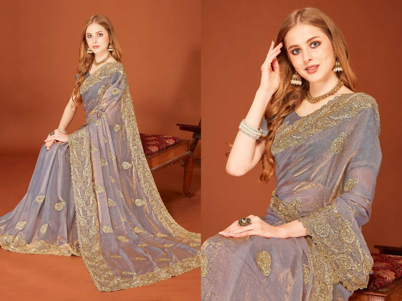 PR Fashion Grey Fendi Two Tone Silk Heavy Zari Embroidery Work With Zircon Work Saree