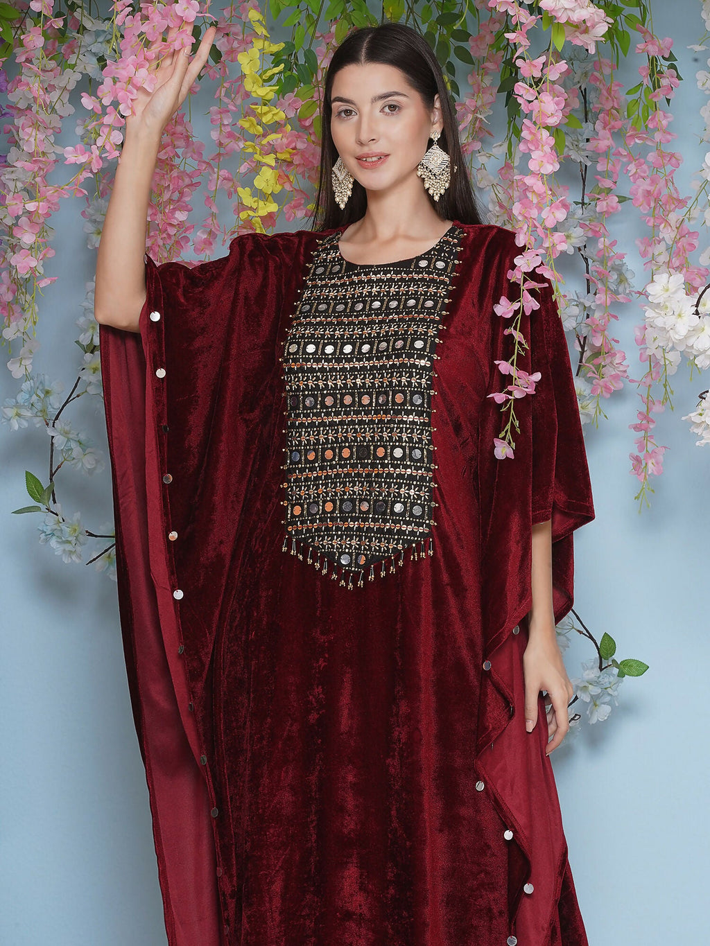 Joban Fashion Maroon Velvet Hand Embellished Kaftaan Set