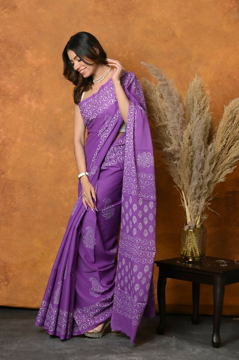 Very Much Indian Handblock Printed Cotton Saree With Natural Dyes - Purple