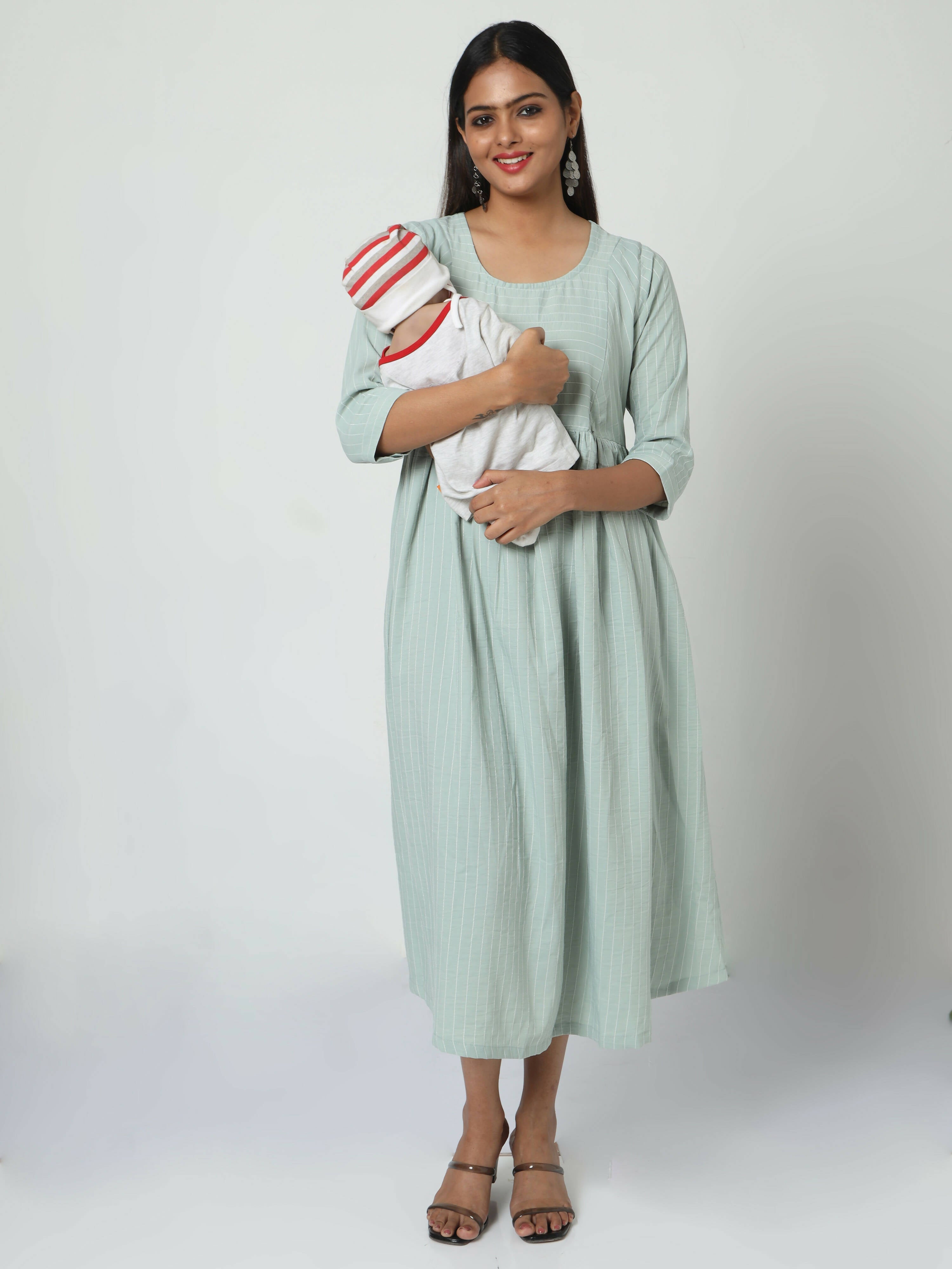 Manet Three Fourth Maternity Dress Striped With Concealed Zipper Nursing Access - Pista Green