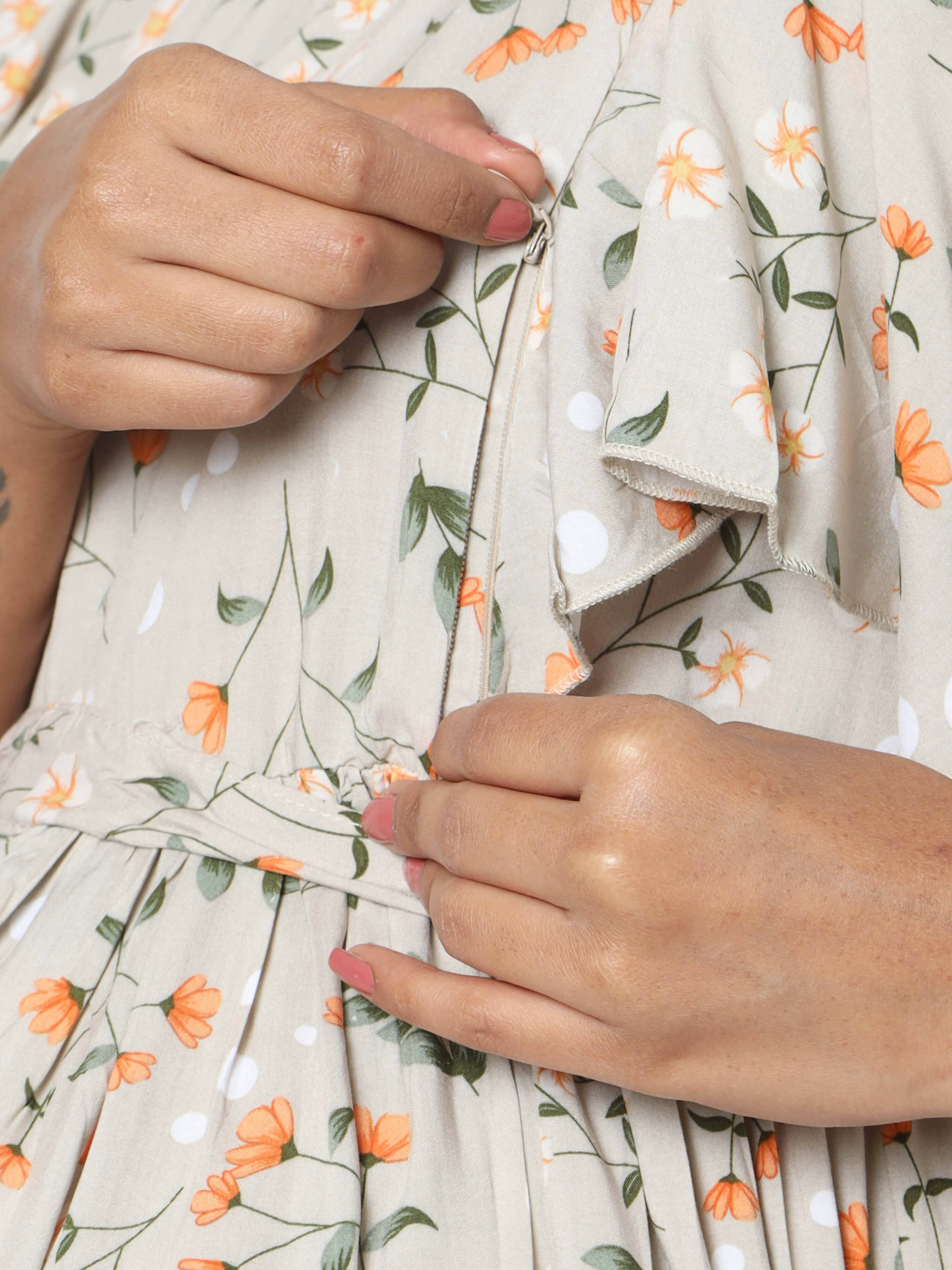 Manet Frill With Sleeves Maternity Dress Floral Print With Concealed Zipper Nursing Access - Cream