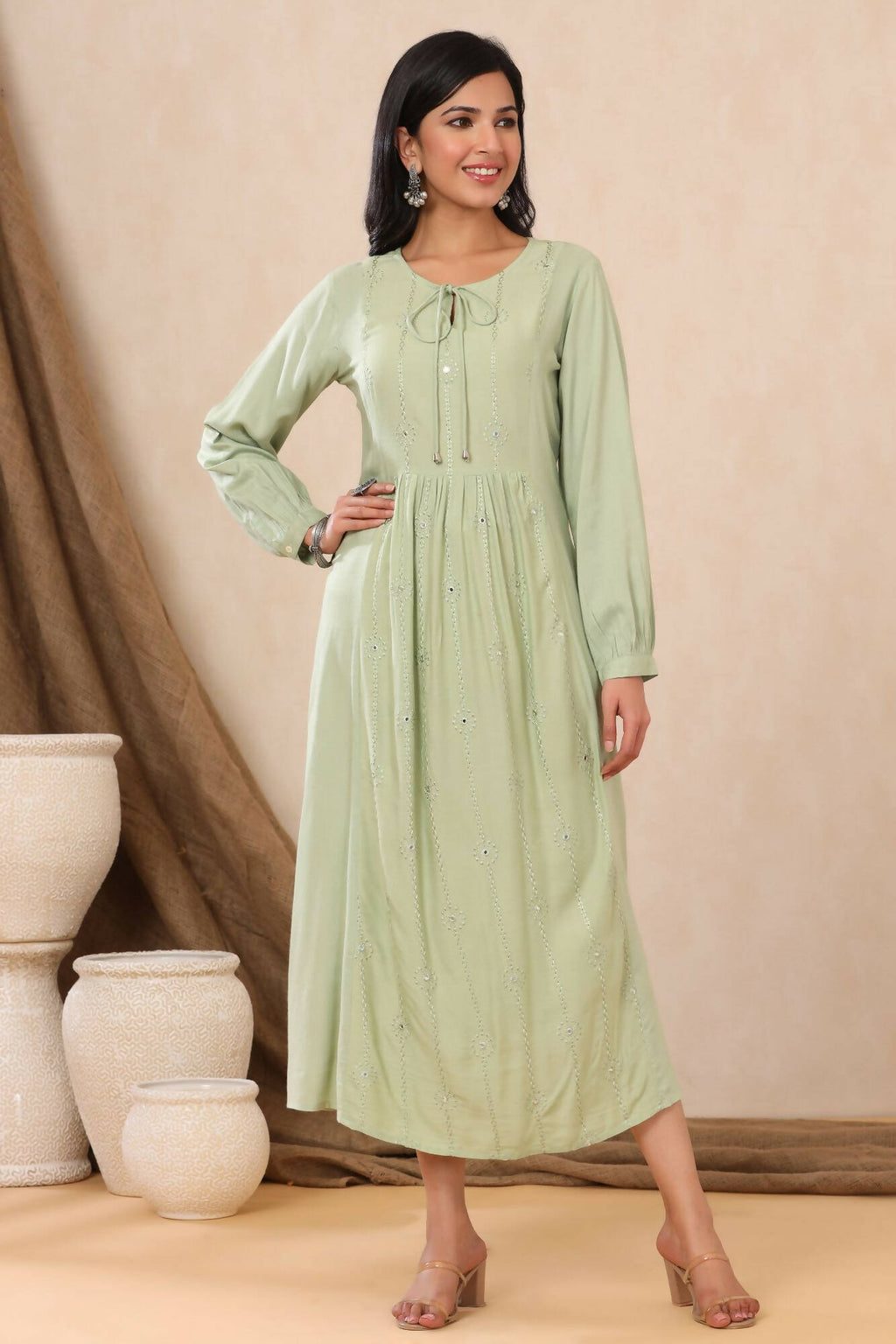 Juniper Women Lightolive Rayon Embroidered A-Line Dress
