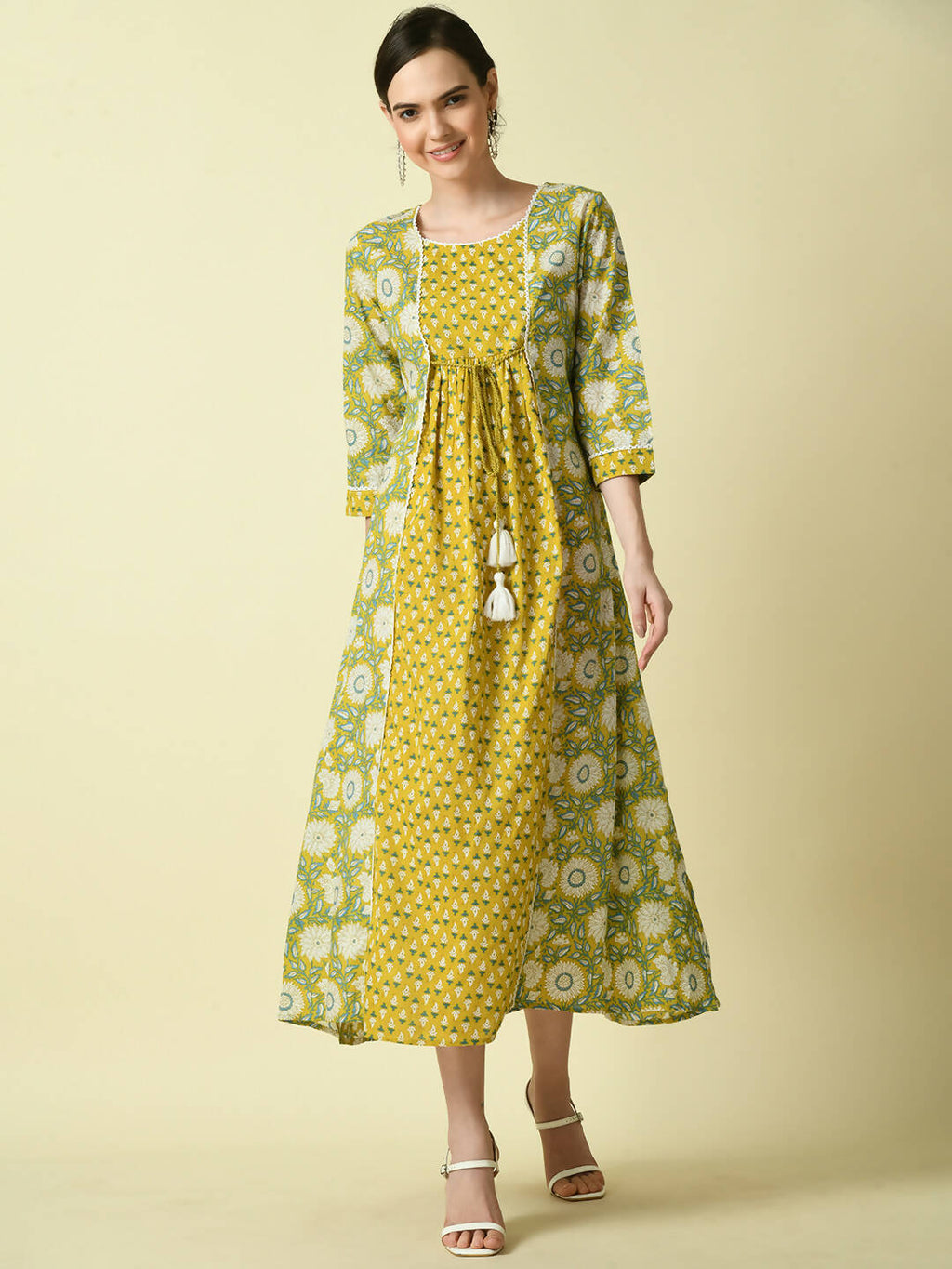 Myshka Women's Yellow Floral Printed Gown Dress
