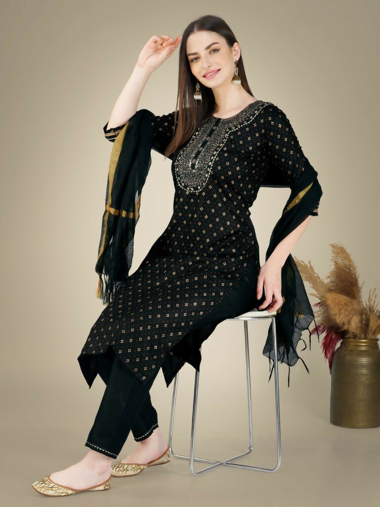 Jyoti Fashion Women's Black Cotton Magic Slub Embroidery & Sequence work Kurta with Trouser & Dupatta