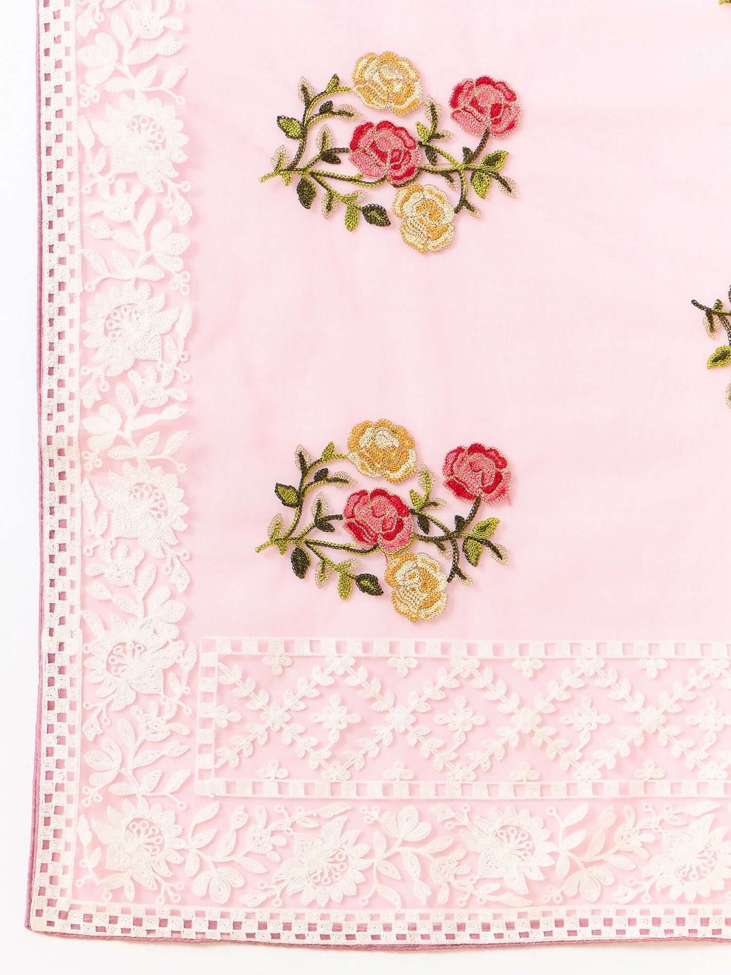 Pink Organza Floral Embroidered Saree with Unstitched Blouse Piece - Roozal
