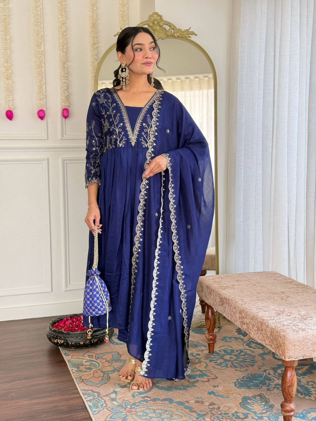 The52 Blue Women's Beautiful Embroidered Vichitra Silk Fabric with Flared Kurta, Pant and Dupatta Set